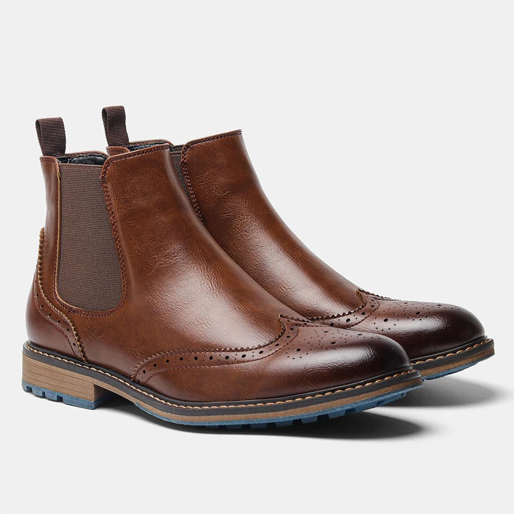 Burnished Leather Brogue Boots with Wingtip Brogue Detail