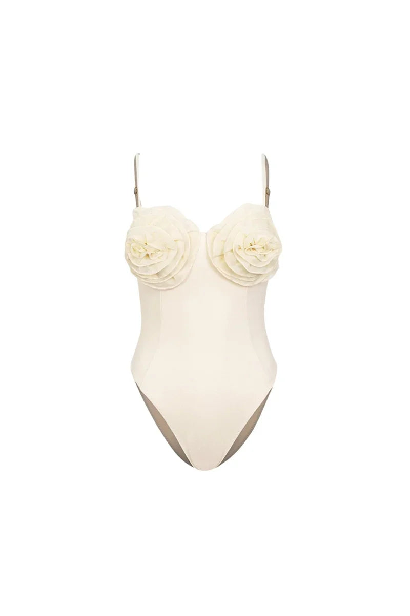 Flower Applique Solid One-Piece Swimwear