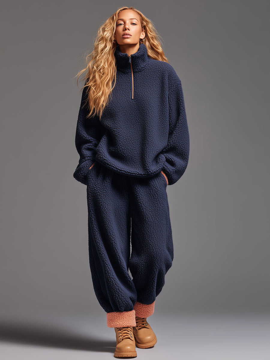 Relaxed Navy Blue Polar Fleece Half-zip Sweatshirt Trousers Sports Set