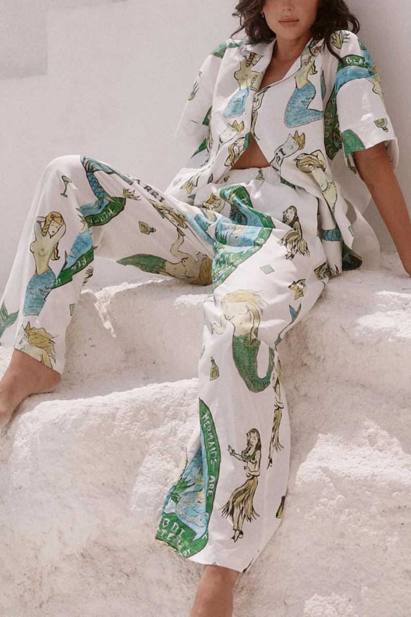 Mermaid Print Short-Sleeved Shirt And Wide-Leg Trousers Two-Piece Set