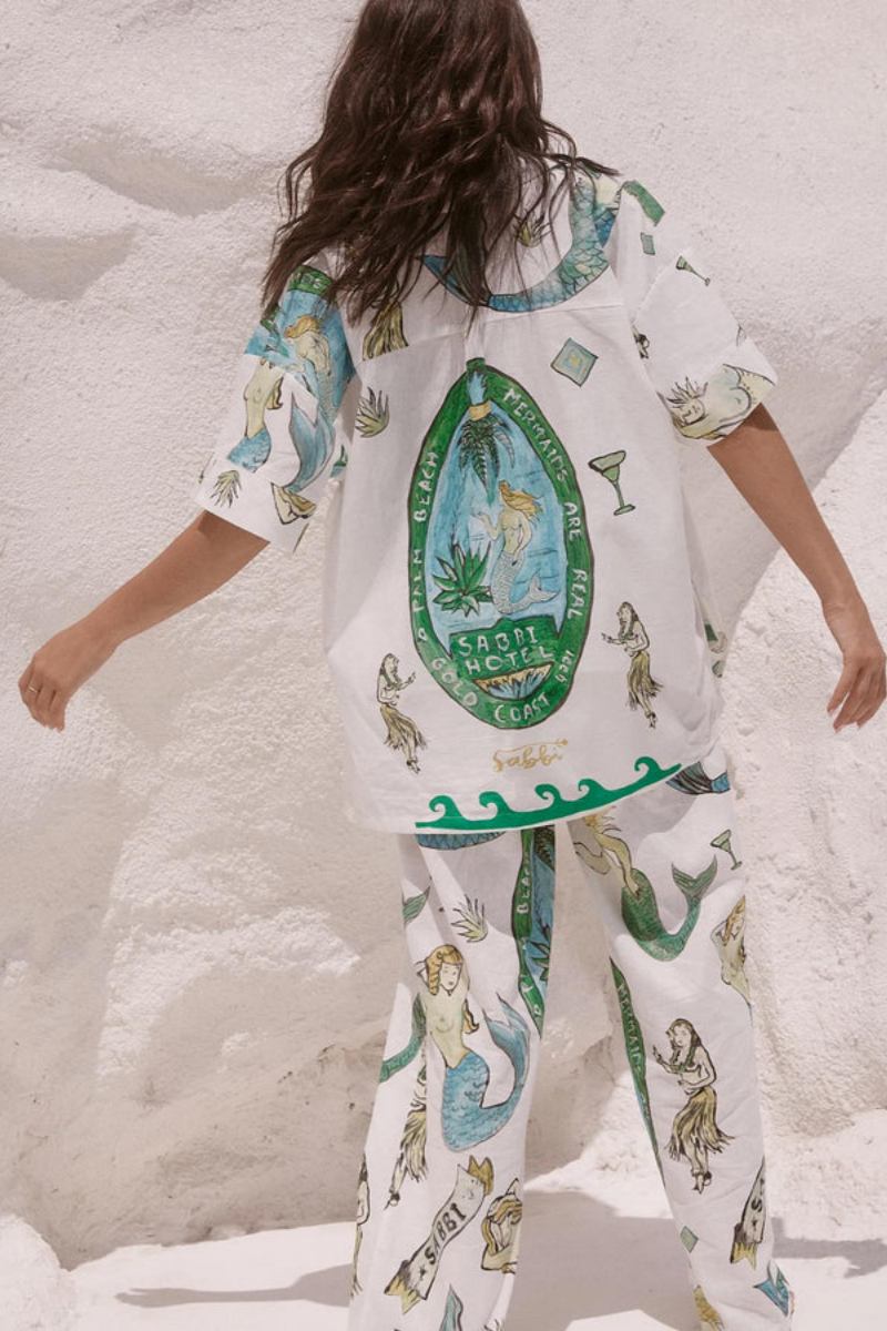 Mermaid Print Short-Sleeved Shirt And Wide-Leg Trousers Two-Piece Set