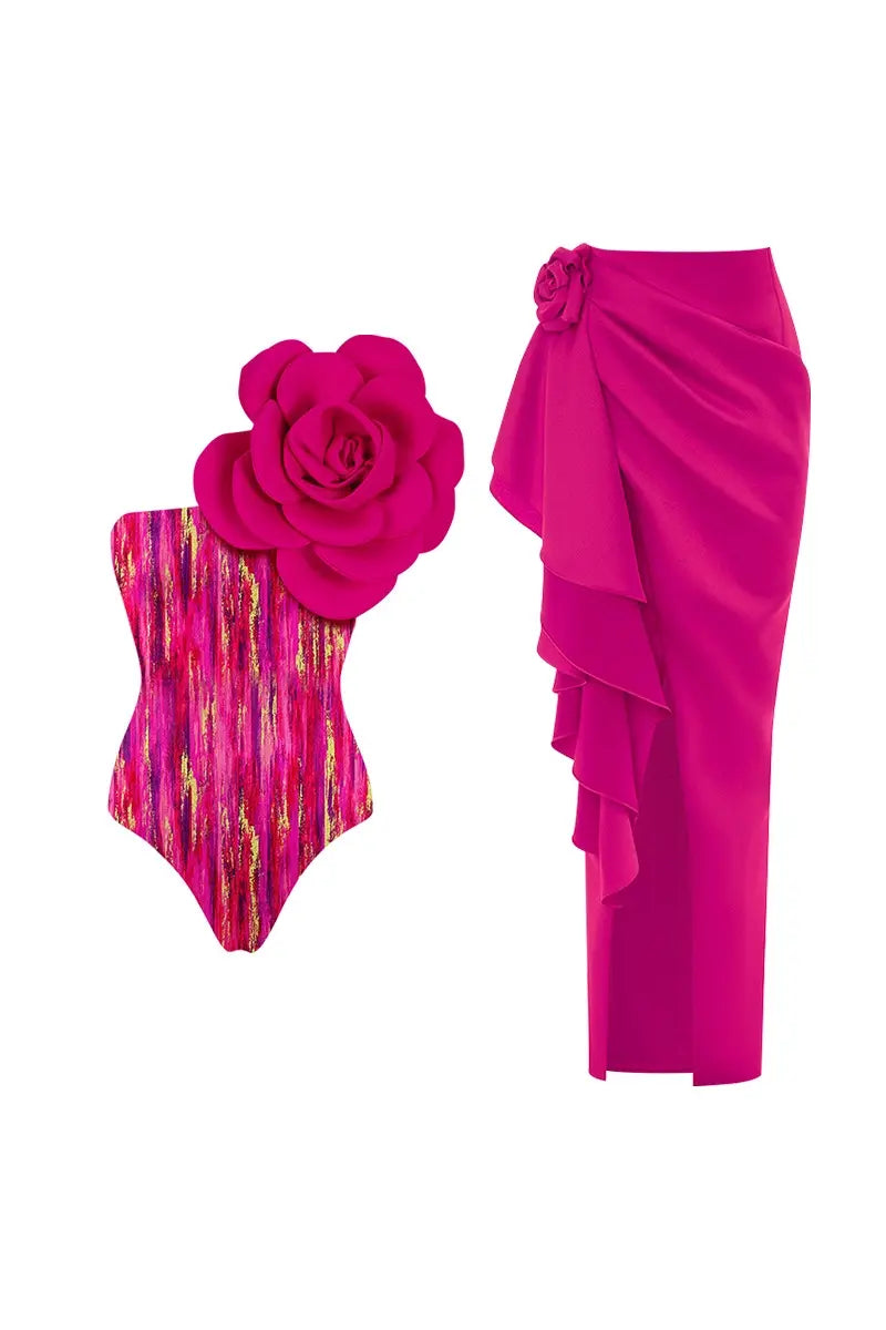 Flower Front Decor Patterned One Piece Swimwear Set
