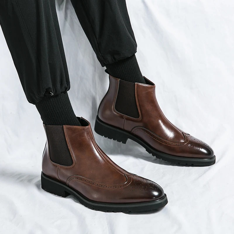 Leather Chelsea Boots with Brogue Detailing and Shock-Absorbing Sole