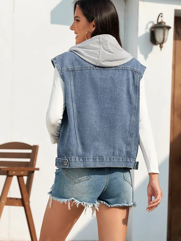 Lightweight Washed Denim Vest with Button Closure and Relaxed Fit