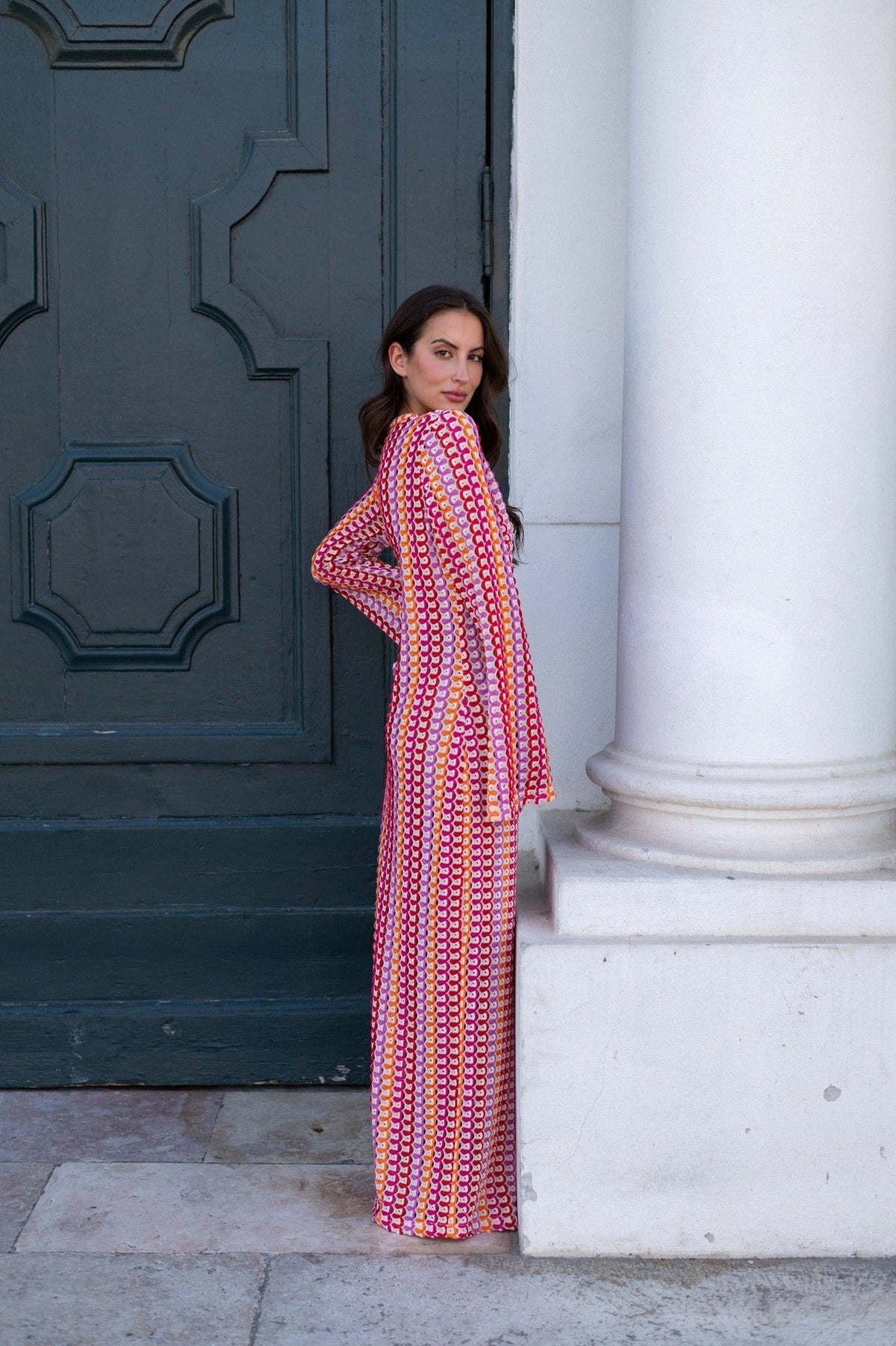 Boho V-Neck Bell Sleeve Wavy Striped Crochet Beach Vacation Maxi-Length Dress