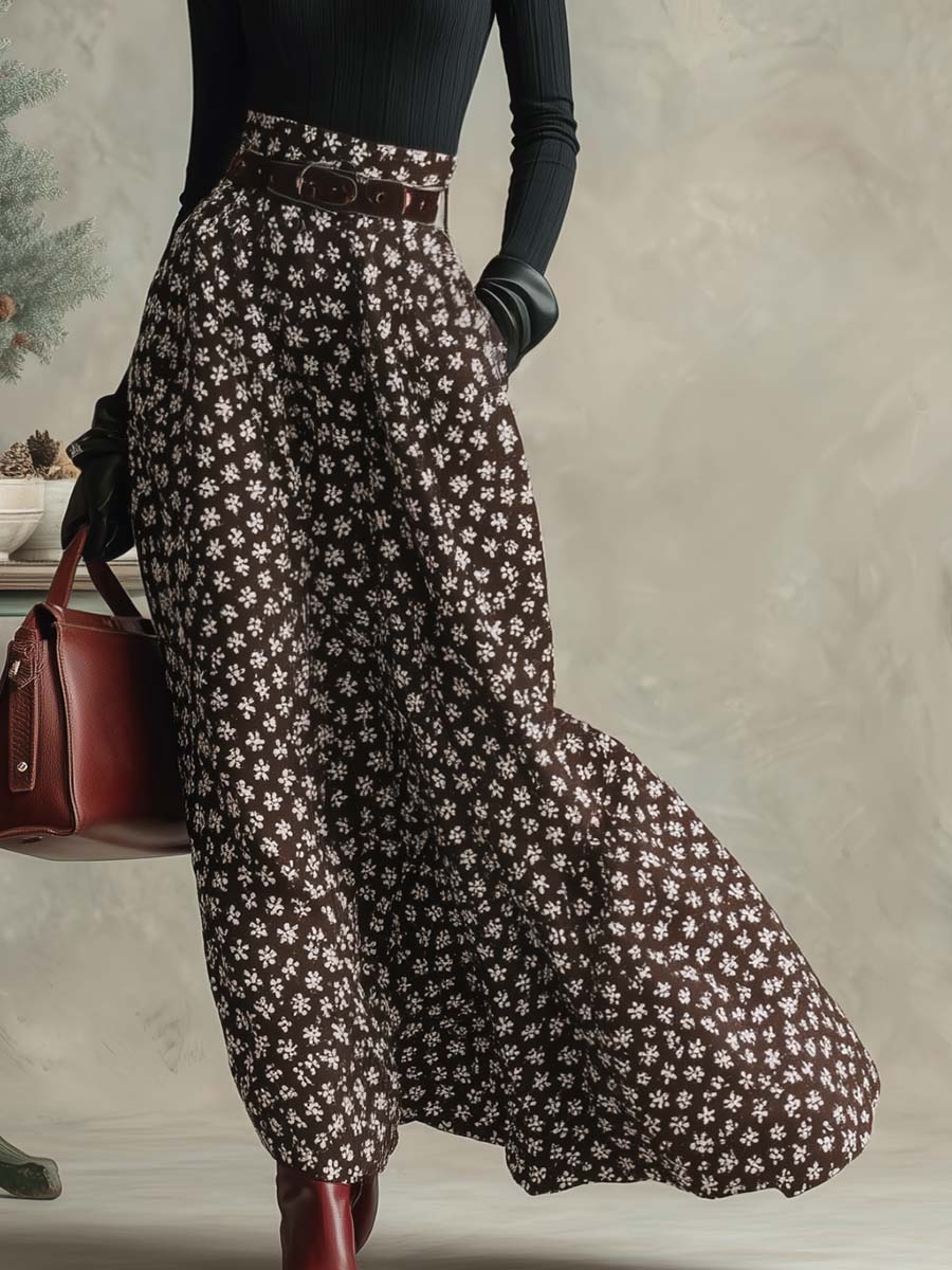 Refined Retro Black Turtleneck Top And Brown Snowflake Print Long Skirt Set