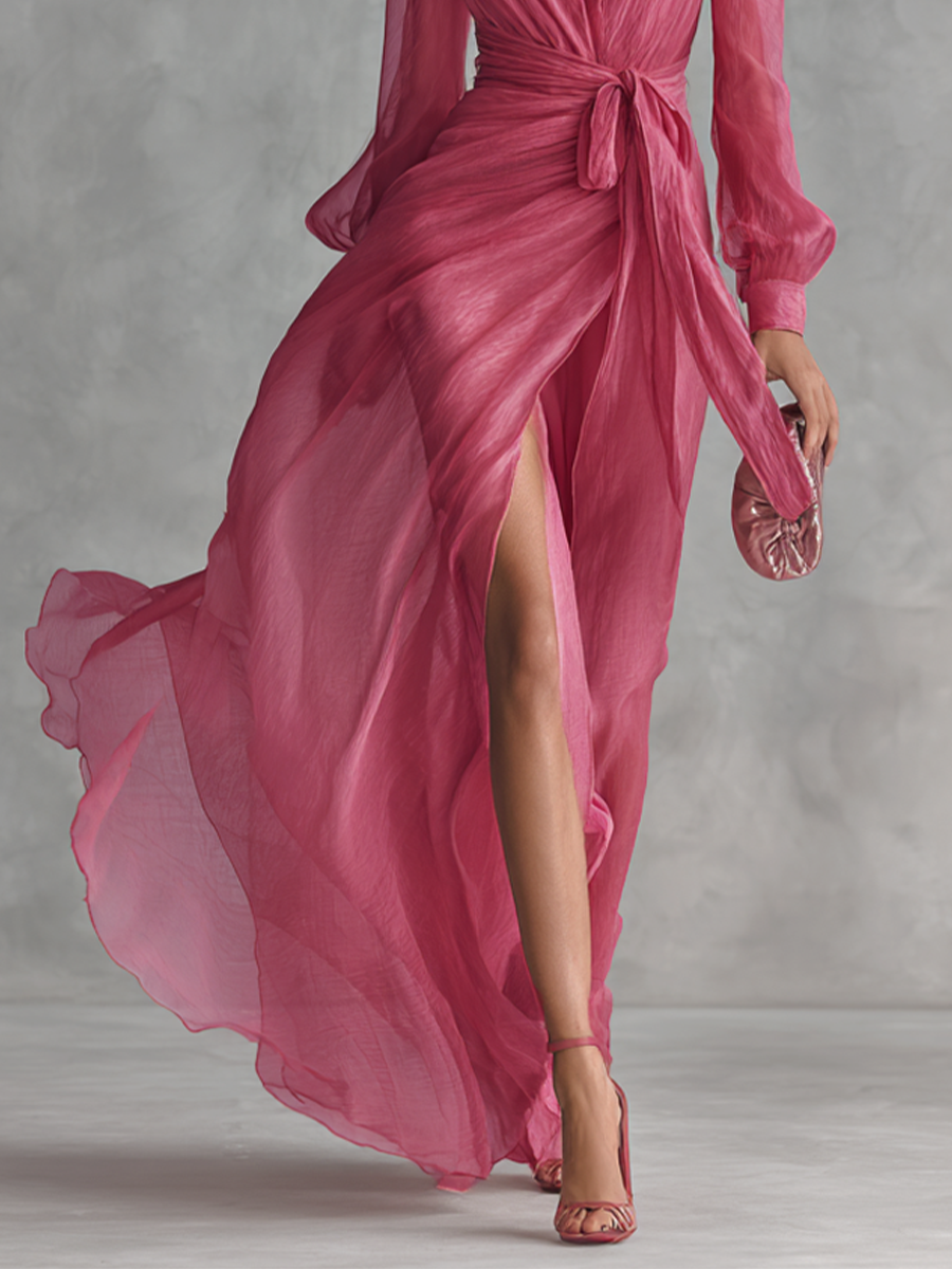 Refined Pearl Chiffon V-Neck Maxi-Length Dress