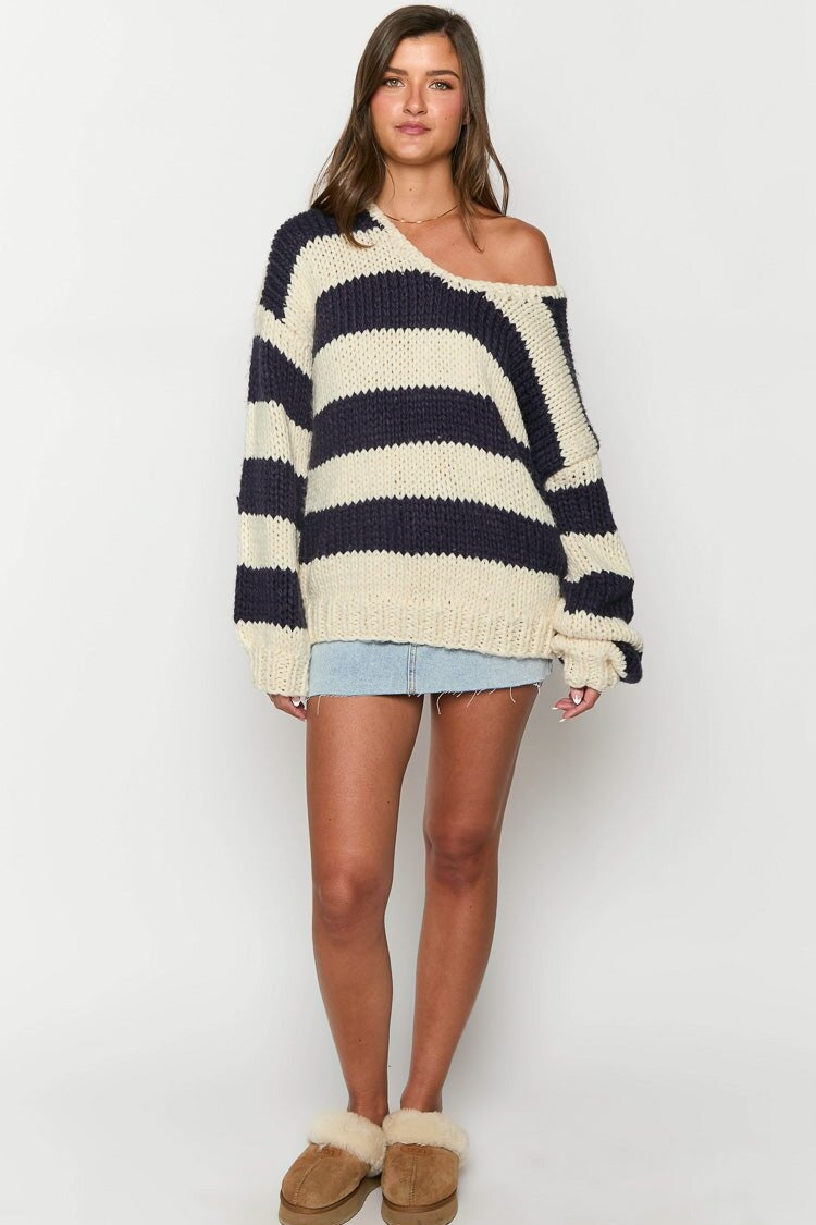 Off-shoulder Striped Knit Sweater