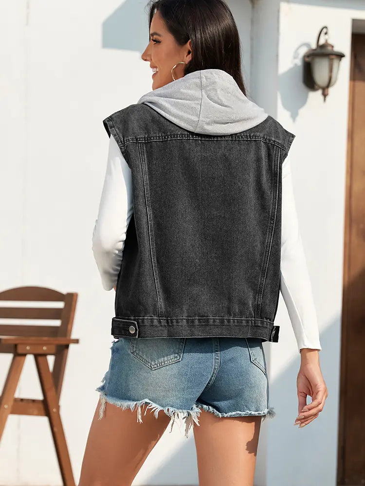 Lightweight Washed Denim Vest with Button Closure and Relaxed Fit