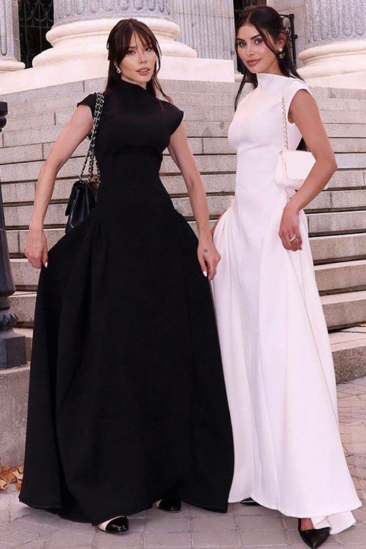 Clean-Lined High-Neck Sculptural Maxi-Length Dress