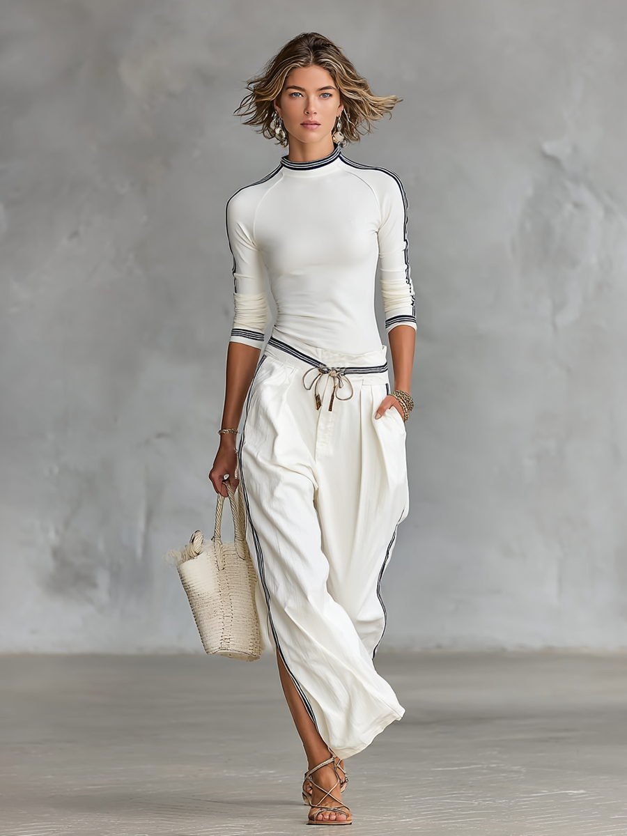 Women's Sports Half-high-neck Long-sleeved T-shirt Drawstring Wide-Leg Trousers Two-Piece Set