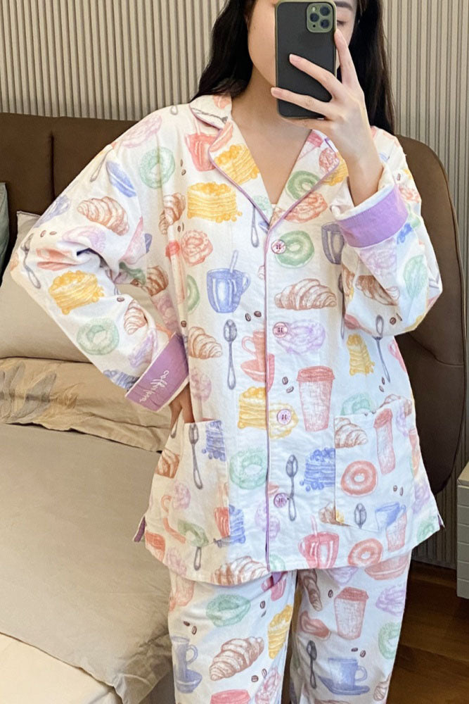 Coordinated Milk Tea & Bread Print Pajama Set