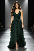 Deep V Cross Tie Open-Back Multi Ruffled Maxi-Length Dress