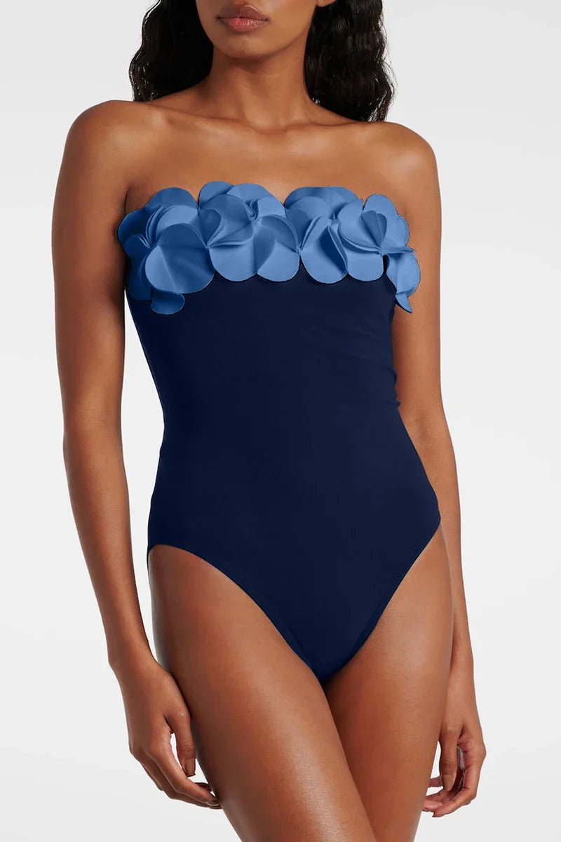 Blue 3D Flower Strapless Swimsuit