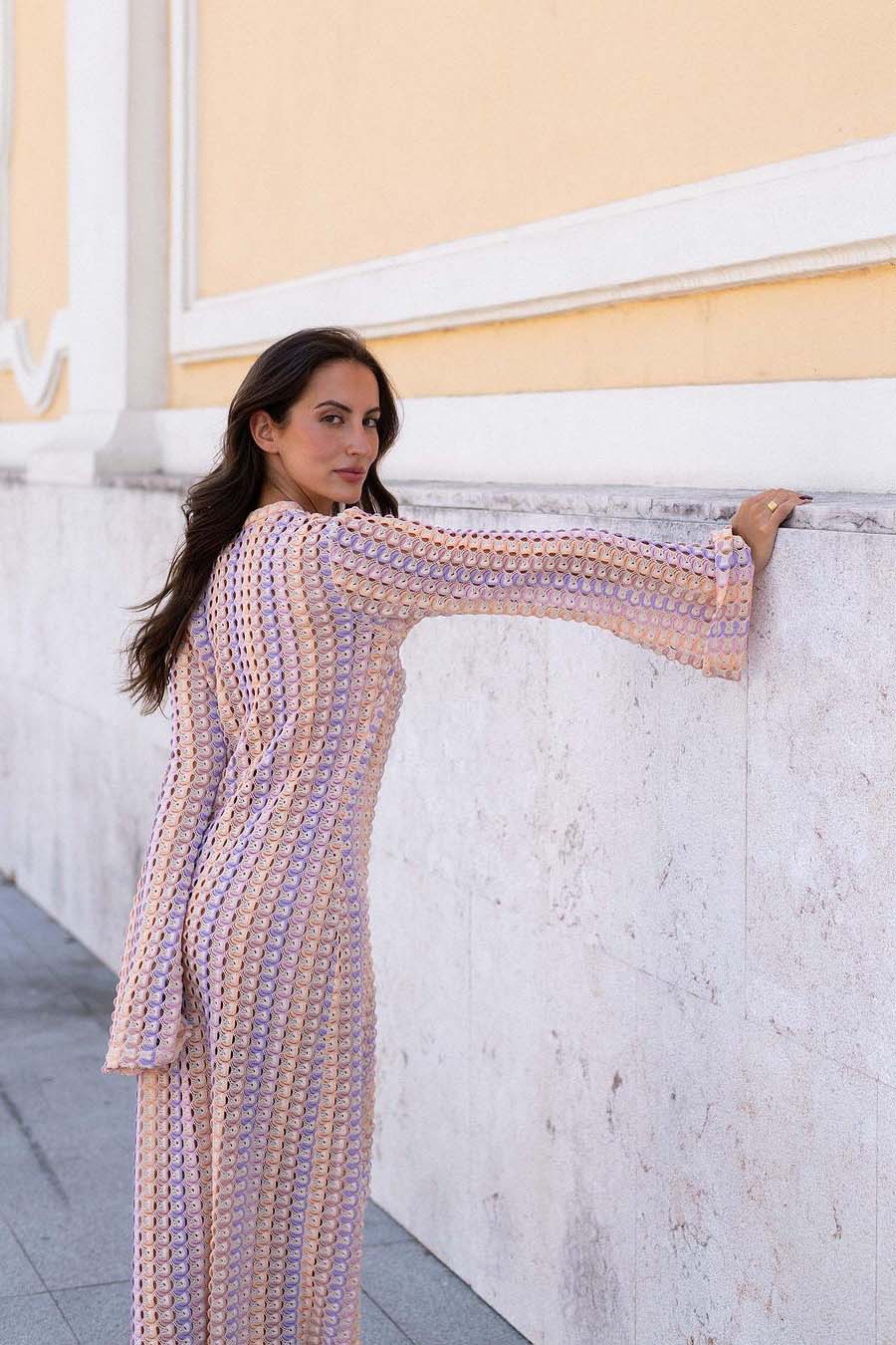 Boho V-Neck Bell Sleeve Wavy Striped Crochet Beach Vacation Maxi-Length Dress