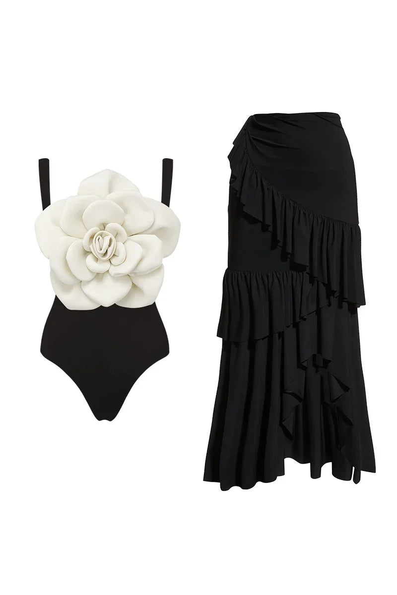 Flower Accent One-Piece Swimwear Set