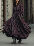 Retro Refined Plaid Patterned Lantern Sleeve Shirt Maxi-Length Dress With Belt