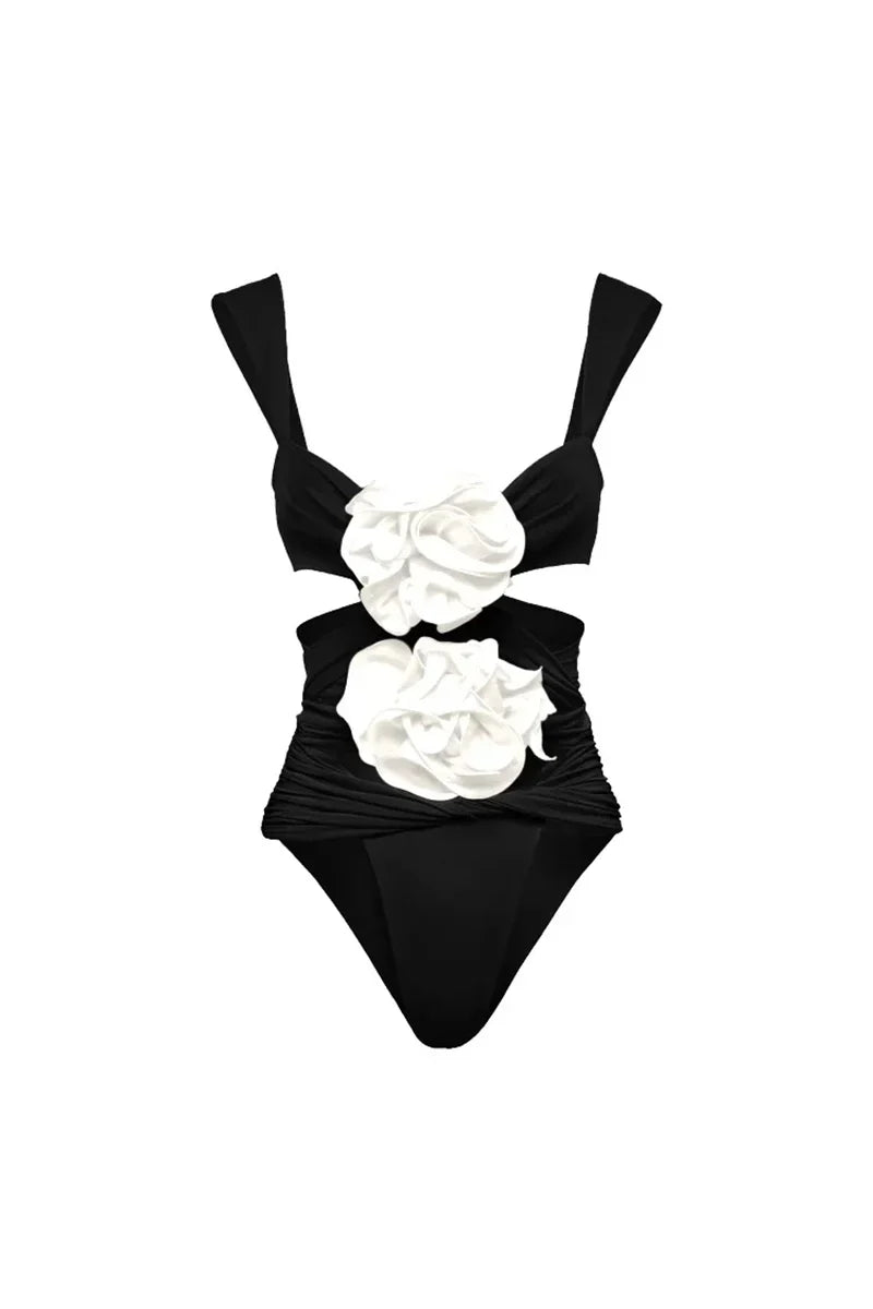 3D Flower Black Swimwear Set