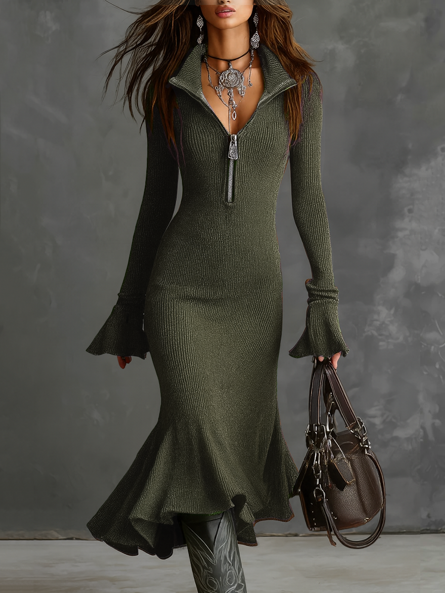 Retro Zipper Neck Trumpet Sleeve Knitted Midi-Length Dress