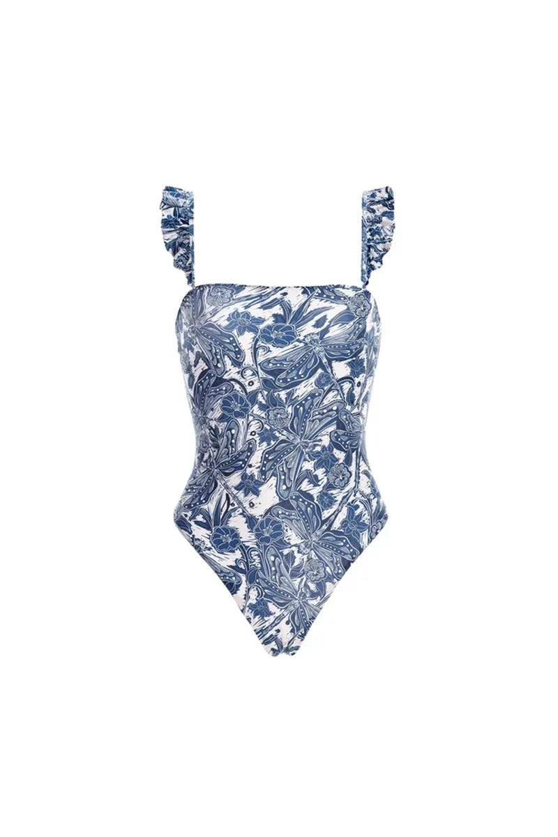 Blue Dragonfly Ruffled One-Piece Swimwear