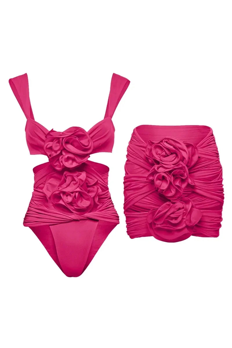3D Flower Cut-Out Strappy Swimwear Set
