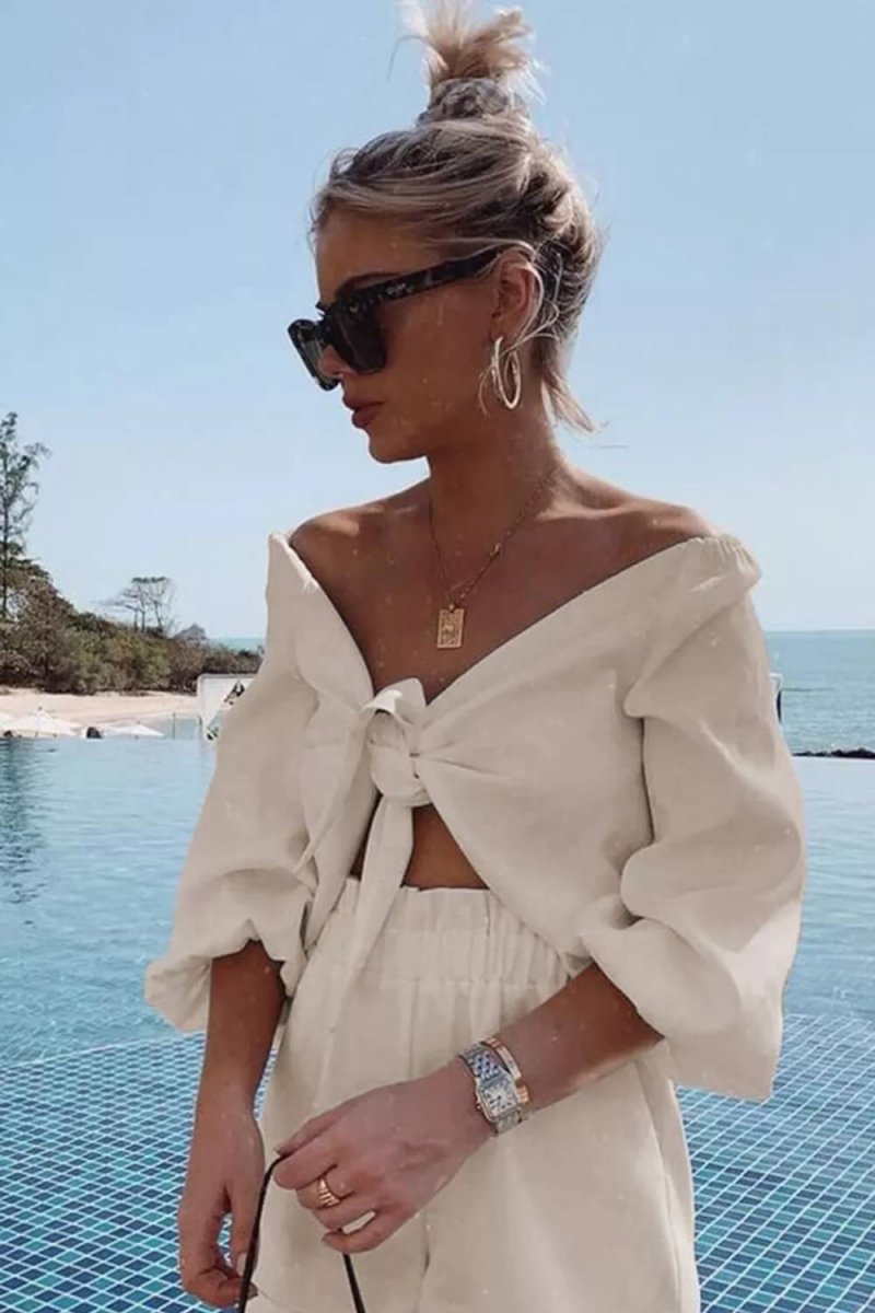 Modern Linen Wrap Front Tie Puff Sleeve Shorts Sets In Khaki