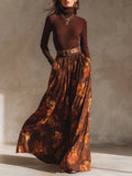 Retro Turtleneck Knitted Top & Patterned Long Skirt Set With Belt