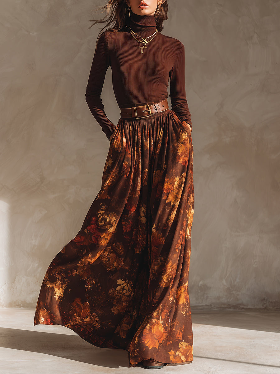 Retro Turtleneck Knitted Top & Patterned Long Skirt Set With Belt
