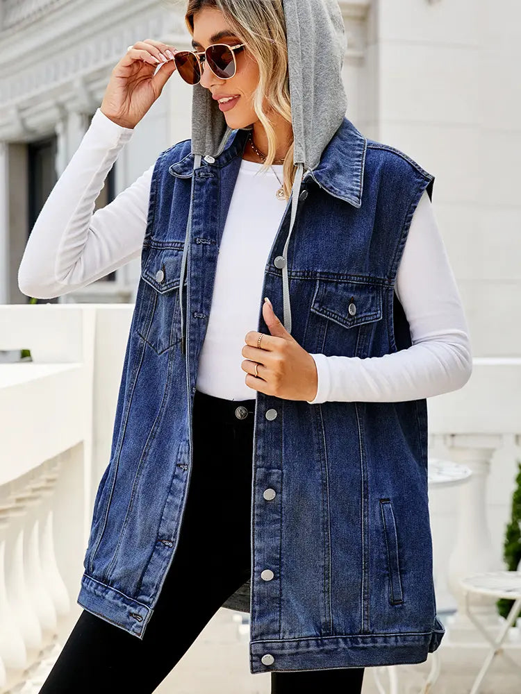 Lightweight Denim Vest with Hood and Button Closure