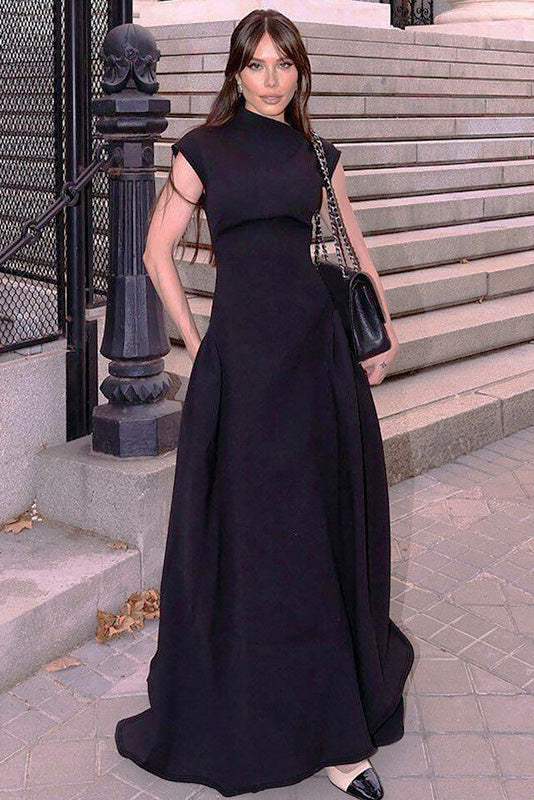 Clean-Lined High-Neck Sculptural Maxi-Length Dress