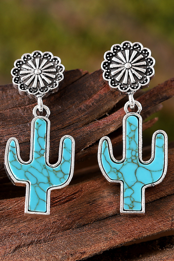 Statement Women's Western Retro Turquoise Cactus Flower Pendant Earrings