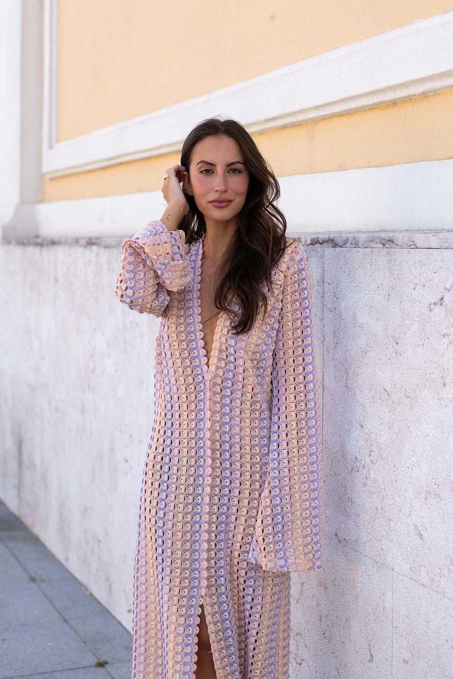 Boho V-Neck Bell Sleeve Wavy Striped Crochet Beach Vacation Maxi-Length Dress