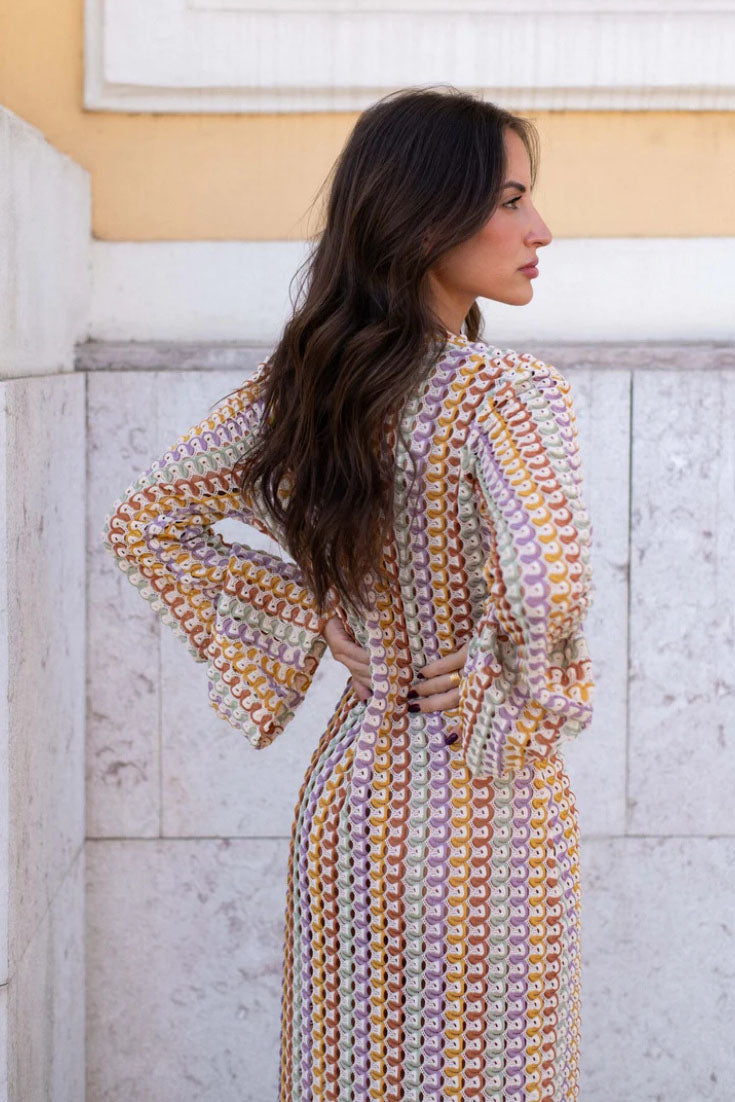 Boho V-Neck Bell Sleeve Wavy Striped Crochet Beach Vacation Maxi-Length Dress