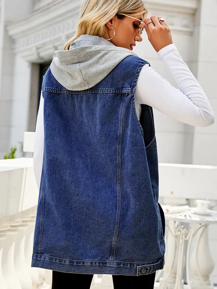 Lightweight Denim Vest with Hood and Button Closure