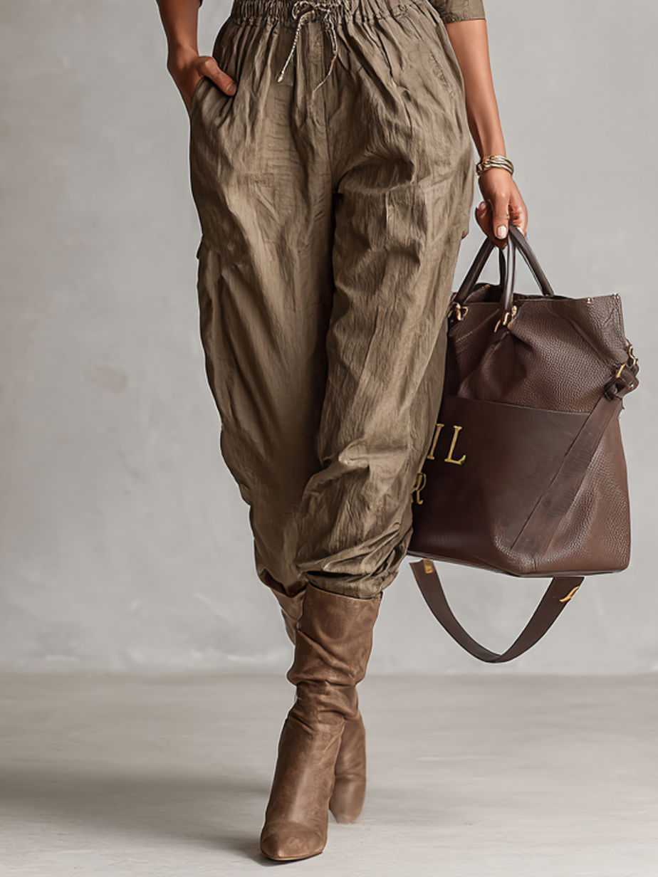 Women's Relaxed Shirt Collar Button Drawstring Jumpsuit
