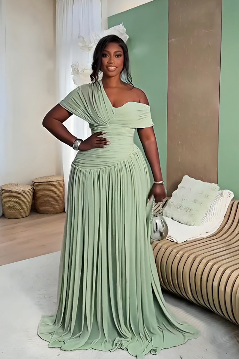 Mint Green Pleated Maxi-Length Dress