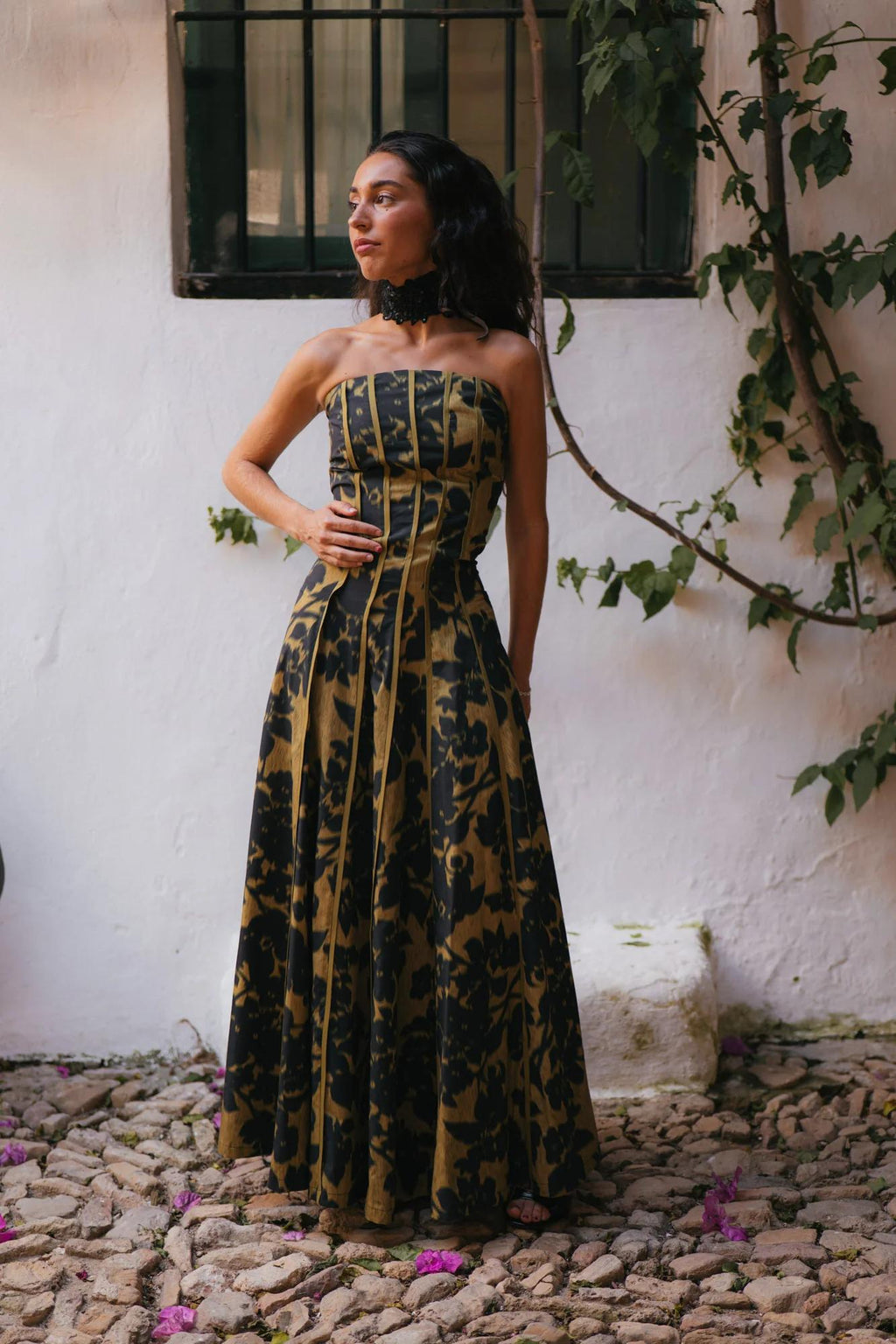 Retro Print Strapless Maxi-Length Dress
