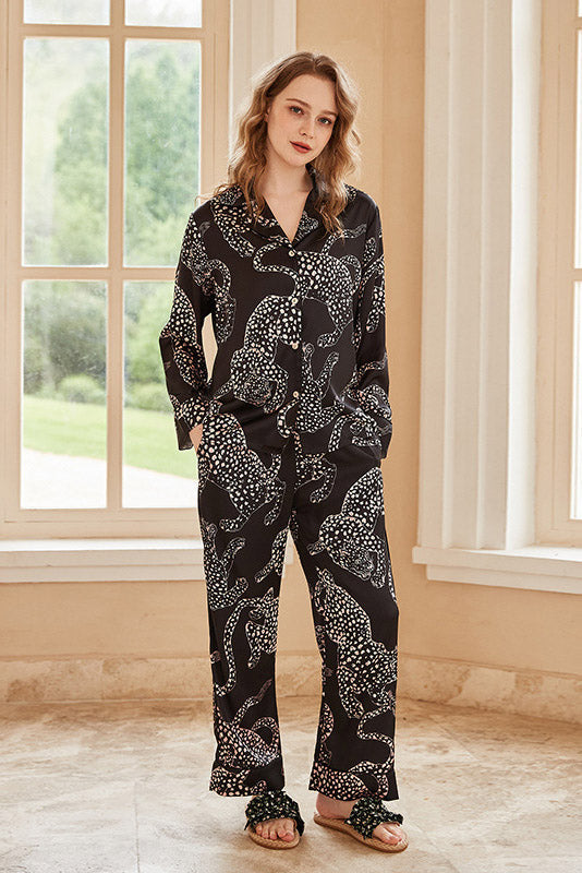 Coordinated Black Jaguar Print Long-Sleeve Pajama Set