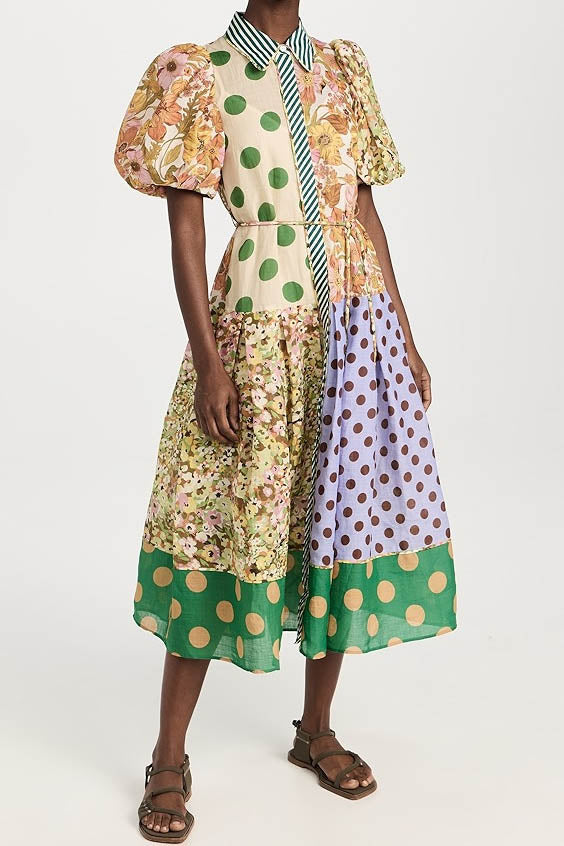 Modern Green Muse Spliced Print Dress