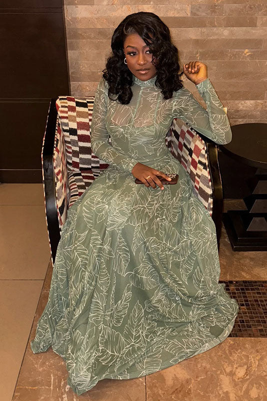 Botanical Print Sheer Mesh Maxi-Length Dress