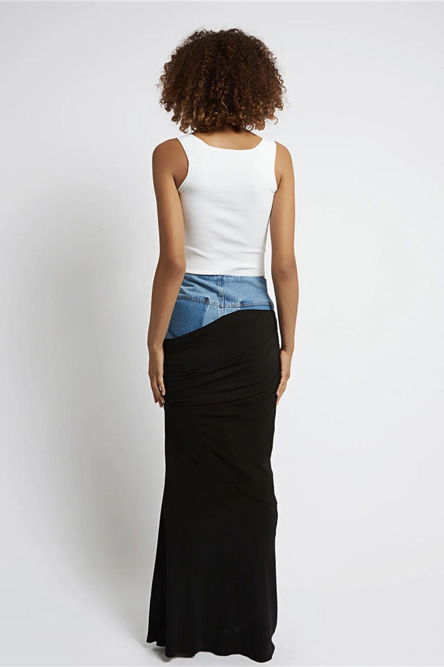 Modern Black Ruched Denim Skirt