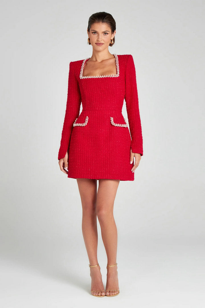 Pearl Trim Pocket Mini-Length Dress