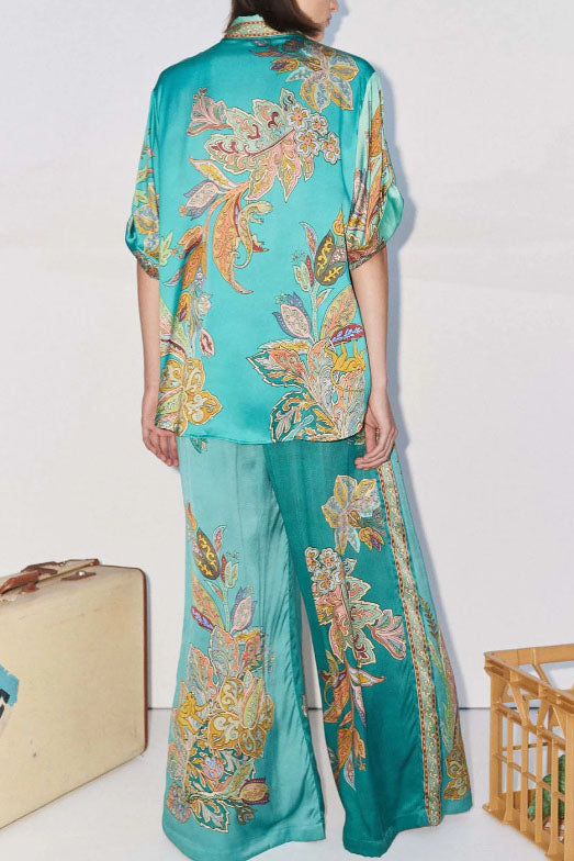 Retro Flower Print Shirt and Trousers Set