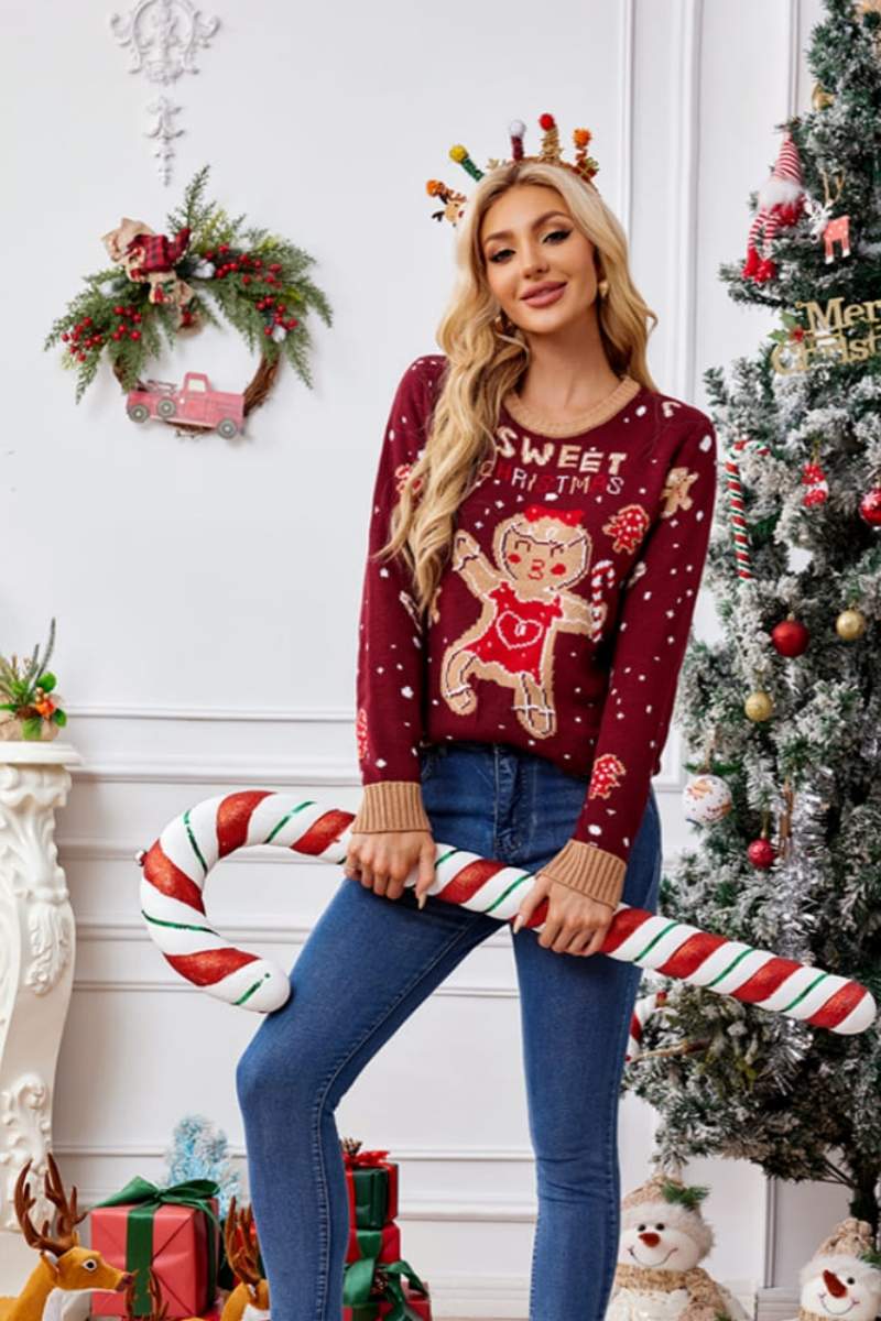 Relaxed Crew Neck Embroidered Knit Sweater - Gingerbread Man