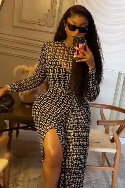 Op Art Chain Print Sheer Maxi-Length Dress