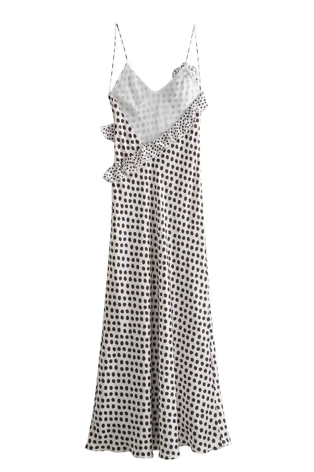 Fantasy Polka Dot Print Guipure Ruffled Suspender Maxi-Length Dress
