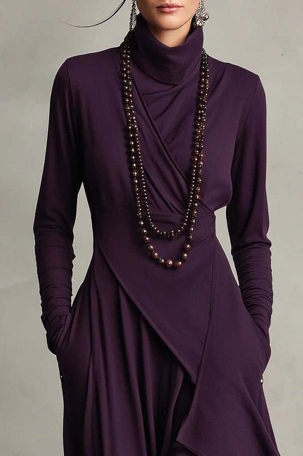 Purple High-neck Asymmetrical Pleated Maxi-Length Dress