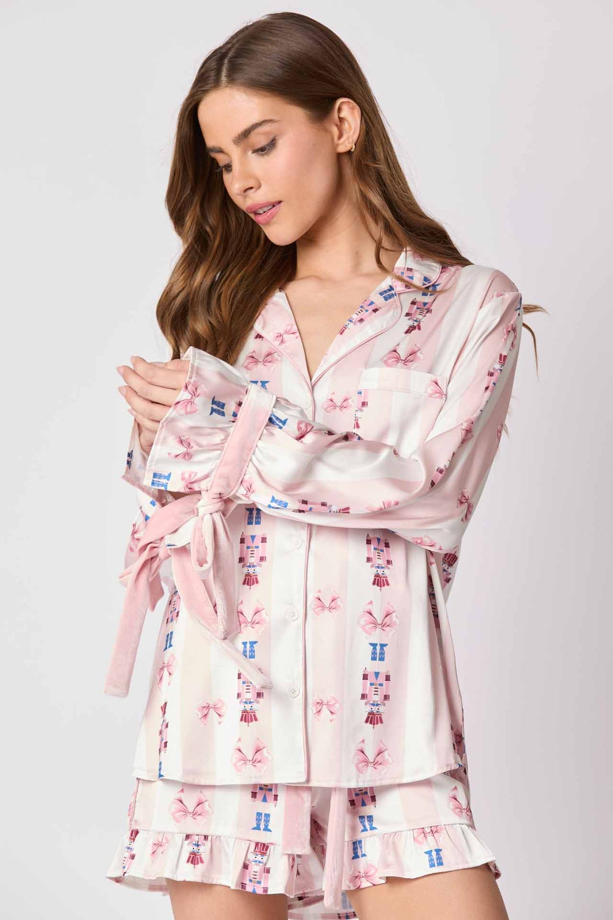 Coordinated Pajama Set Bow Cuffs