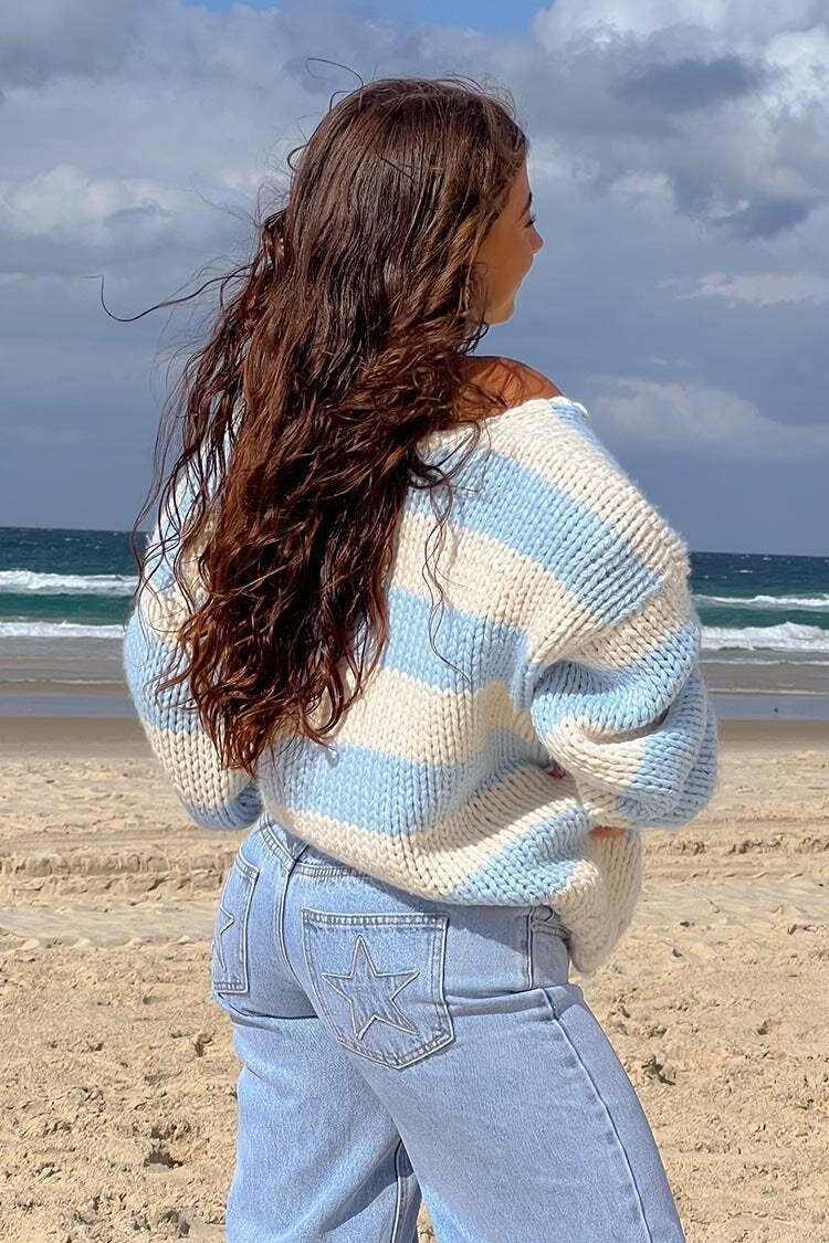 Off-shoulder Striped Knit Sweater