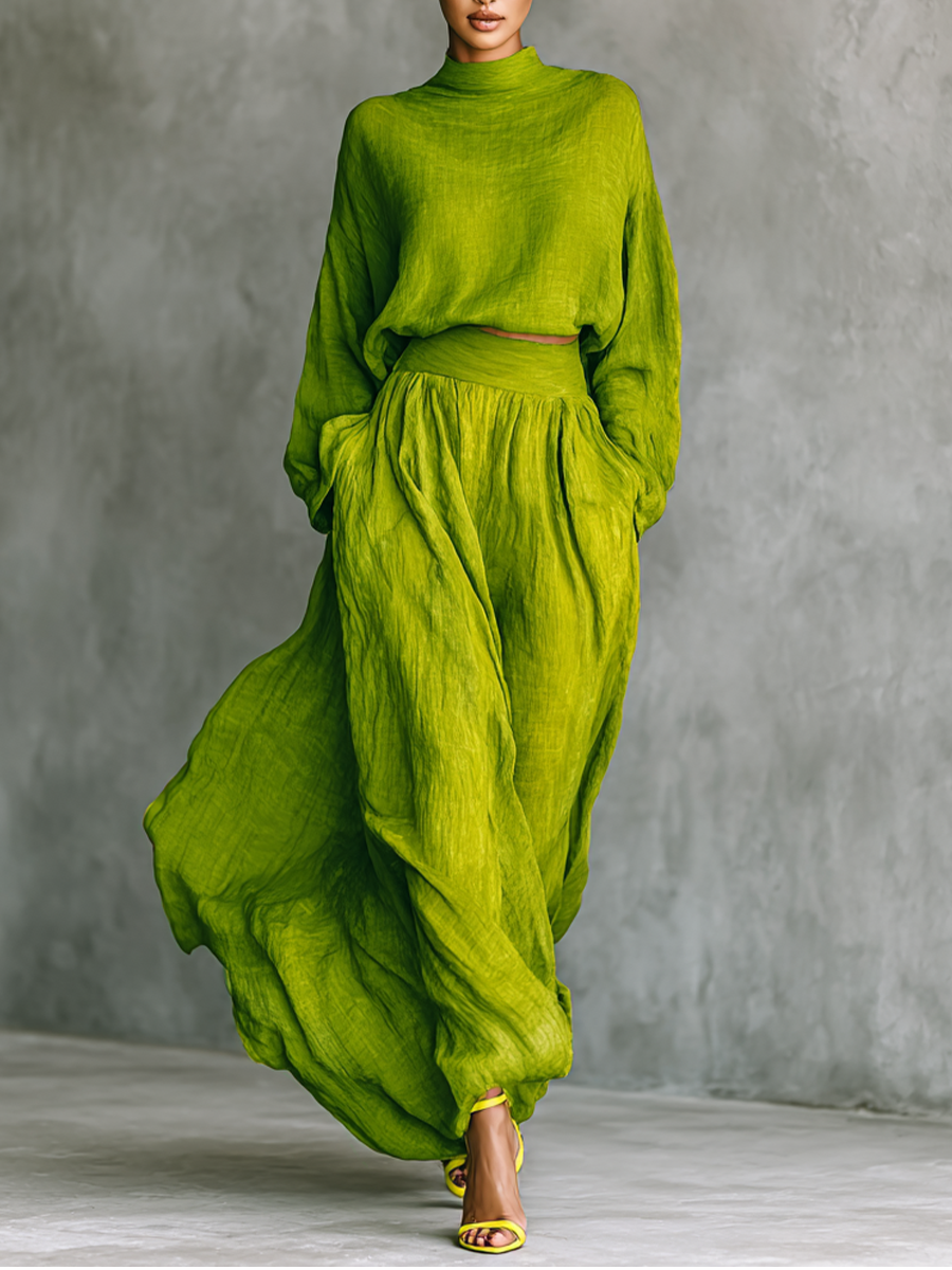 Coordinated Women's Green Turtleneck Top and Maxi Skirt Set